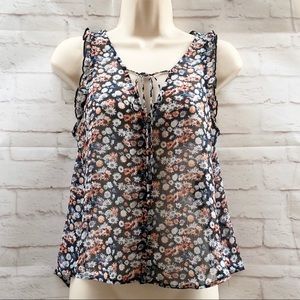 FOREVER 21 Sheer Navy Ruffled Floral Tie Top S